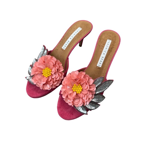 Veronica Beard Shoes - Veronica Beard Pink Floral Sequin Heels Italy 37.5 US 7.5 VB Summer Sandals